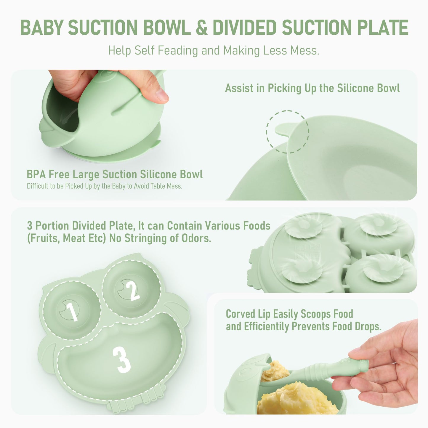 Bnditeu Baby Weaning Set, Silicone Feeding Set(10 Pcs), Toddler Set with Adjustable Bib, Suction Bowl, Plate, Fork, Spoon, Water & Snack Cup Kit, Led Kit for Babies, and Kids Green GJTZ-04