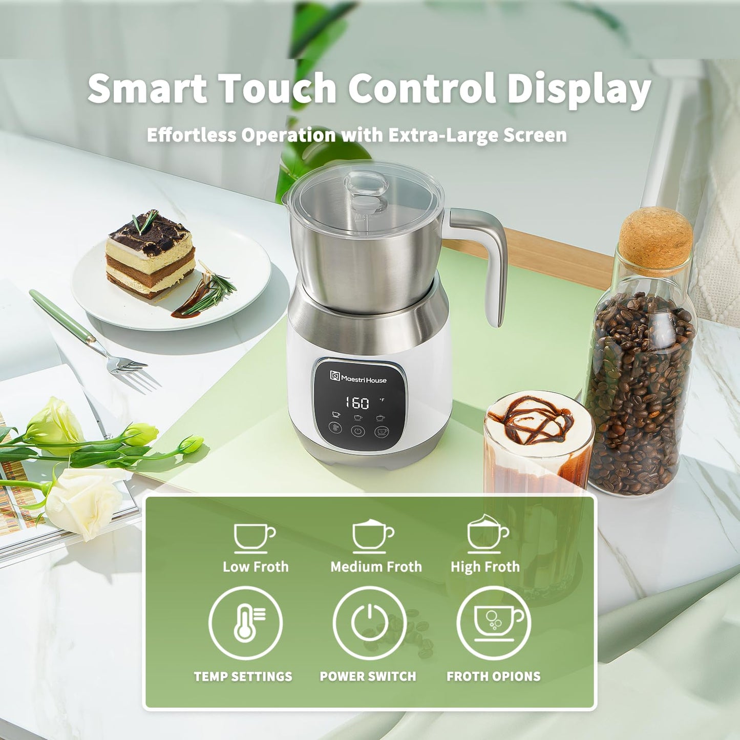 Maestri House Milk Frother, Variable Temp and Froth Thickness DualFro 600 Milk Frother Steamer, 21OZ Smart Touch Control Milk Warmer, Dishwasher Safe, Memory Function for Latte&Hot Chocolate (White)