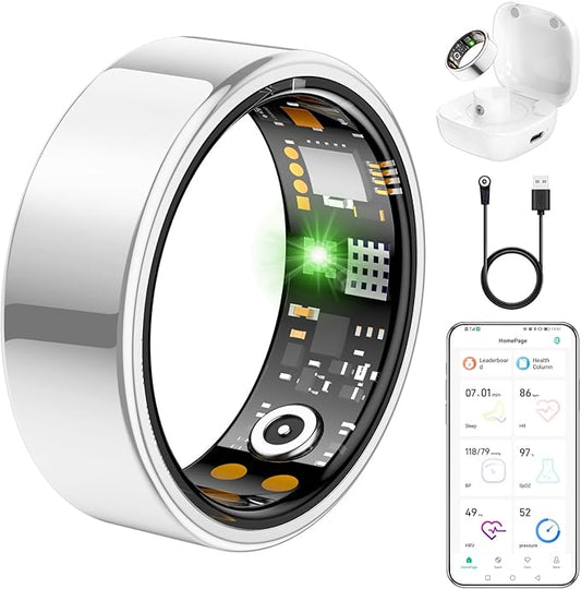 Ring Health Tracker for Women Men, Fit Ring with Heart Rate, Blood Oxygen, Sleep Monitor, Calories, Step Counter, IP68 Waterproof Smart Ring for iPhone & Android, No Subscription Fee (Silver, 6#)