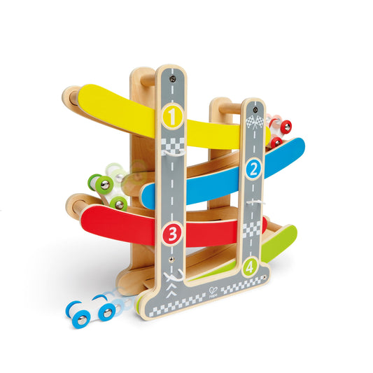 Hape Oddler Toys for 1 2 Year Old Boy & Girl Gifts Wooden Race Track Car Ramp Racer with 4 Mini Cars