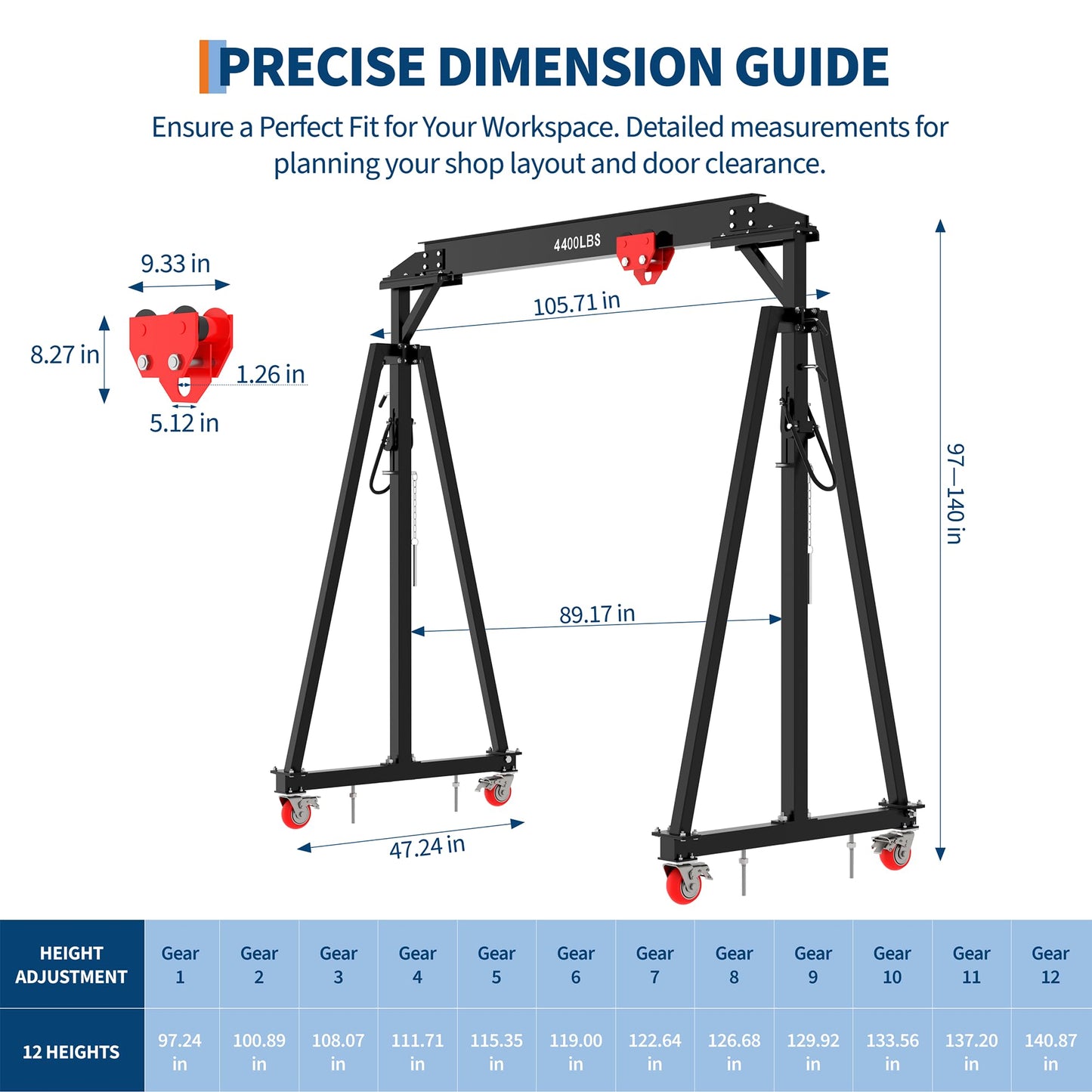 Adjustable Gantry Crane with Manual Trolley, Hook and Sling Strap, 2 Ton 4400 LBS Capacity, Portable Gantry Crane Height Adjustable 97" to 141" with 12 Positions, for Factories, Warehouses, Constructi