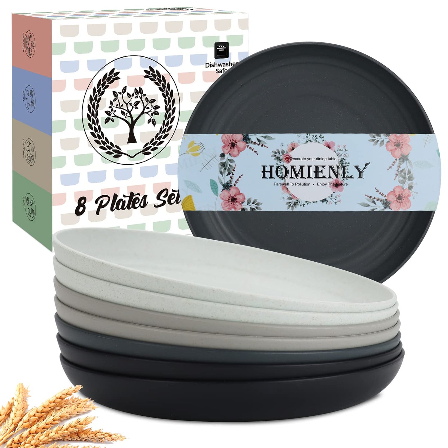 Homienly Deep Dinner Set of 8 - Alternative for Plastic, Microwave and Dishwasher Safe Wheat Straw Plates for Kitchen, Unbreakable Kids With 4 Colors (Stone Grey, 9 Inch)