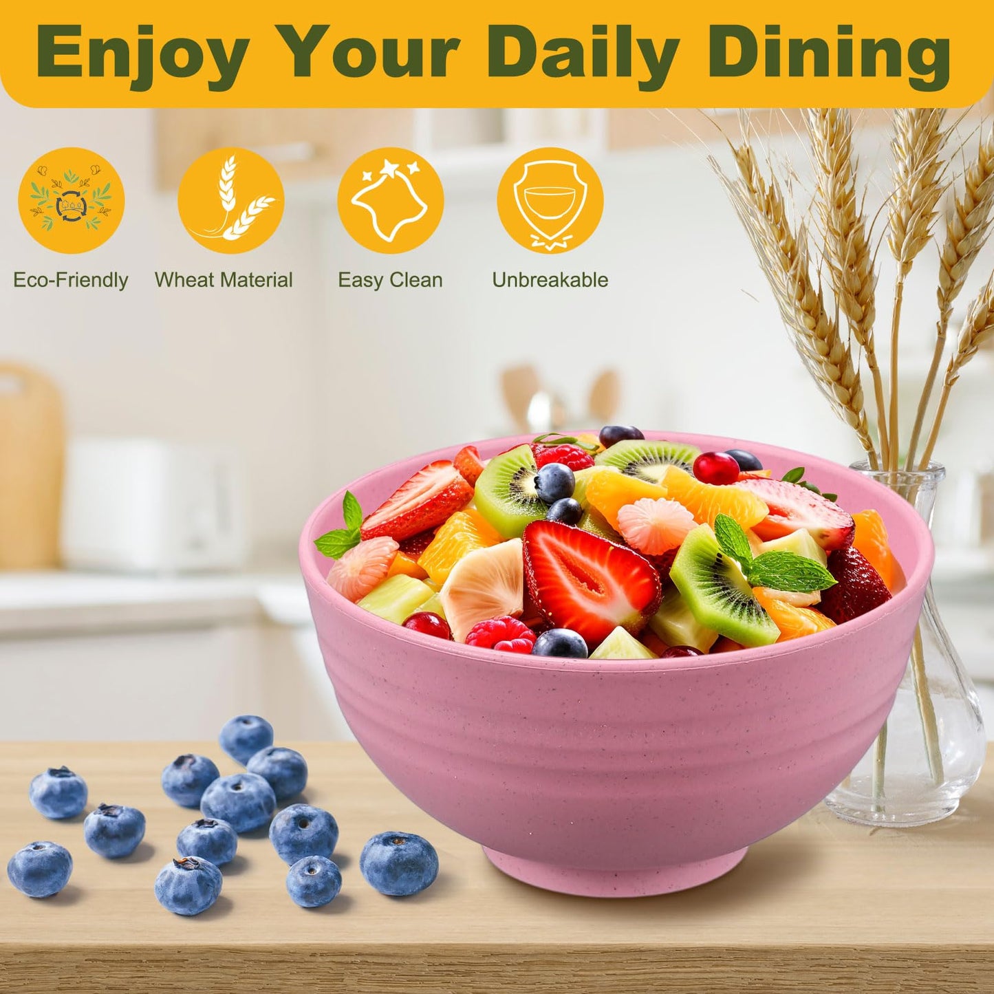 uxcell 8Pcs Unbreakable Straw Bowls, 7.9" Reusable Dinnerware Microwave and Dishwasher Safe Bowl for Kitchen Camping Picnic Serving, Green