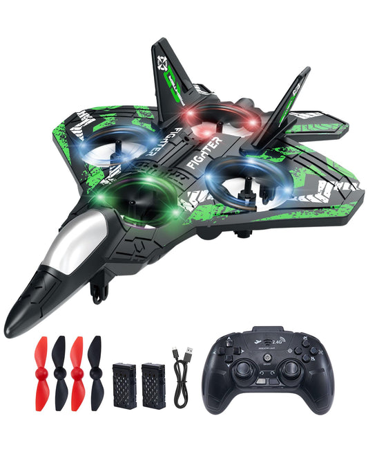 JoyRapt Form RC Plane Drones for Kids, Remote Control Airplane, Aircrafts for Boys and Girls, Jet Helicopter Drones with LED Lights 360° Flip, 2 Rechargeable Batteries (Green)