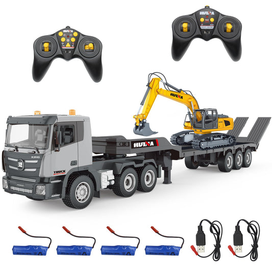 Fistone RC Semi Truck & Excavator Set, 2.4Ghz Remote Control Toys, 1:24 RC Semi-Trailer Engineering Tractor With Sound and Lights, Construction Vehicles for Boys