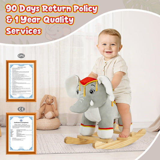 FUNLIO Elephant Baby Rocking Horse for Toddlers 1-3 Years, Cute & Graceful Gray Thai Elephant Rocker for Baby, Stuffed Plush Ride-on Rocking Animal, Easy to Assemble, CPC & CE Certified