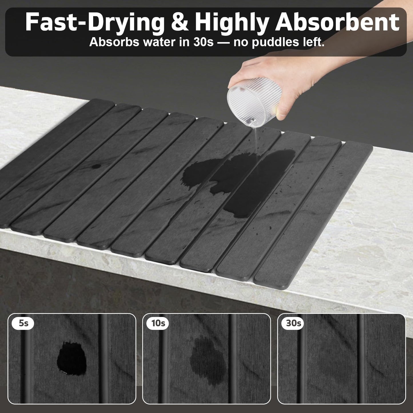 Large Stone Dish Drying Mat for Kitchen Counter, Quick Dry Dish Drying Mats, Foldable Absorbent Diatomaceous Earth Mats for Dishes Bottles Cup, Match Any Countertop (Gray Marble 24"×16" & 8"x4")