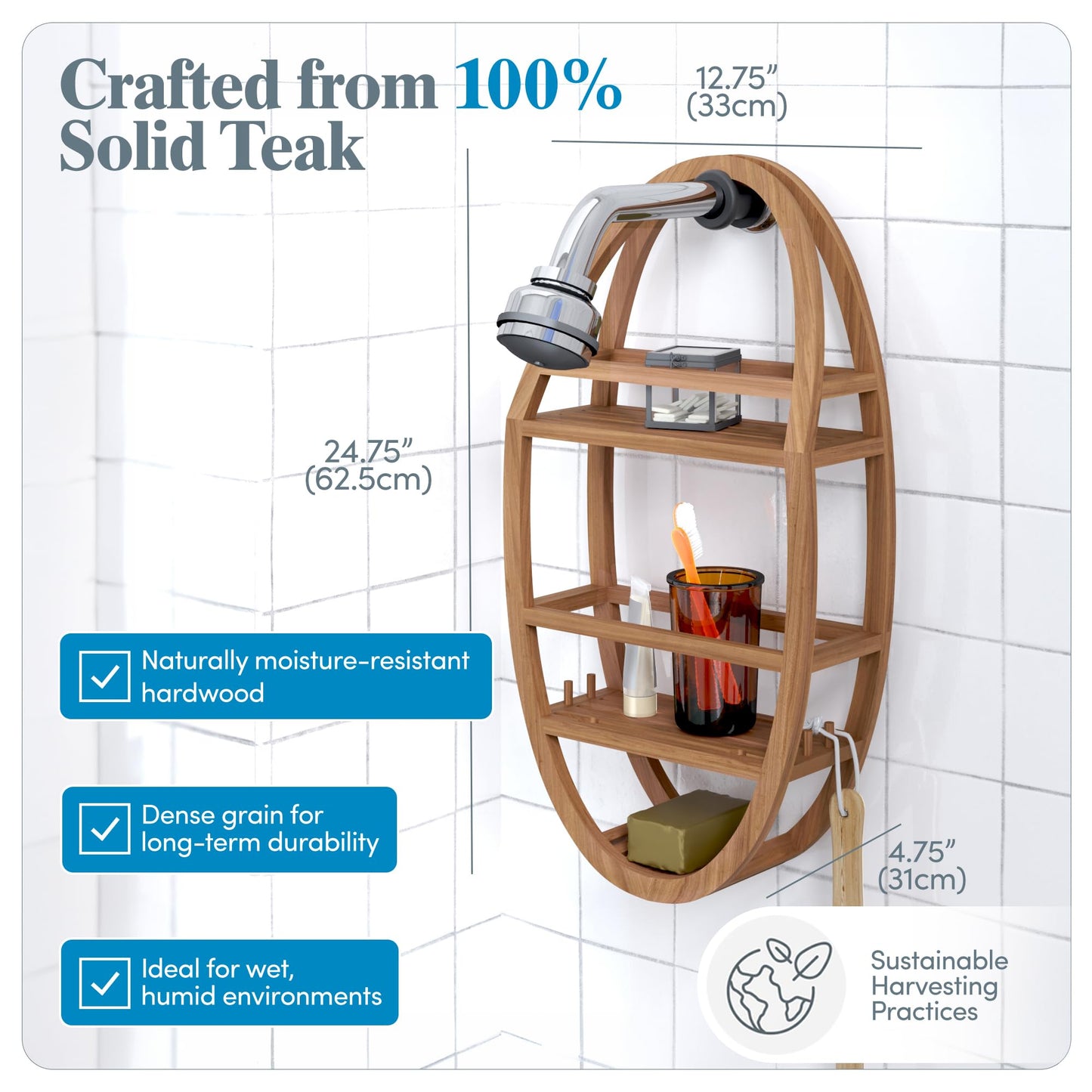 AquaTeak Patented Moa Oval Teak Shower Organizer - Hanging Shower Caddy with Wood Shelves, Hooks & Soap Holder - Durable, Water-Resistant Bathroom Storage with Space-Saving Design