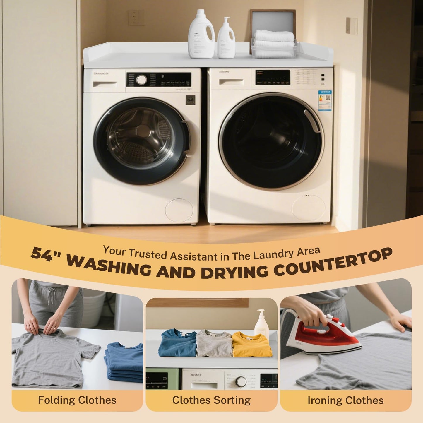 FAHKNS Washer Dryer Countertop - 54" Wood Laundry Washer Dryer Topper with Anti-Slip Mat, Waterproof Laundry Room Organization, Elegant & Space-Saving, White