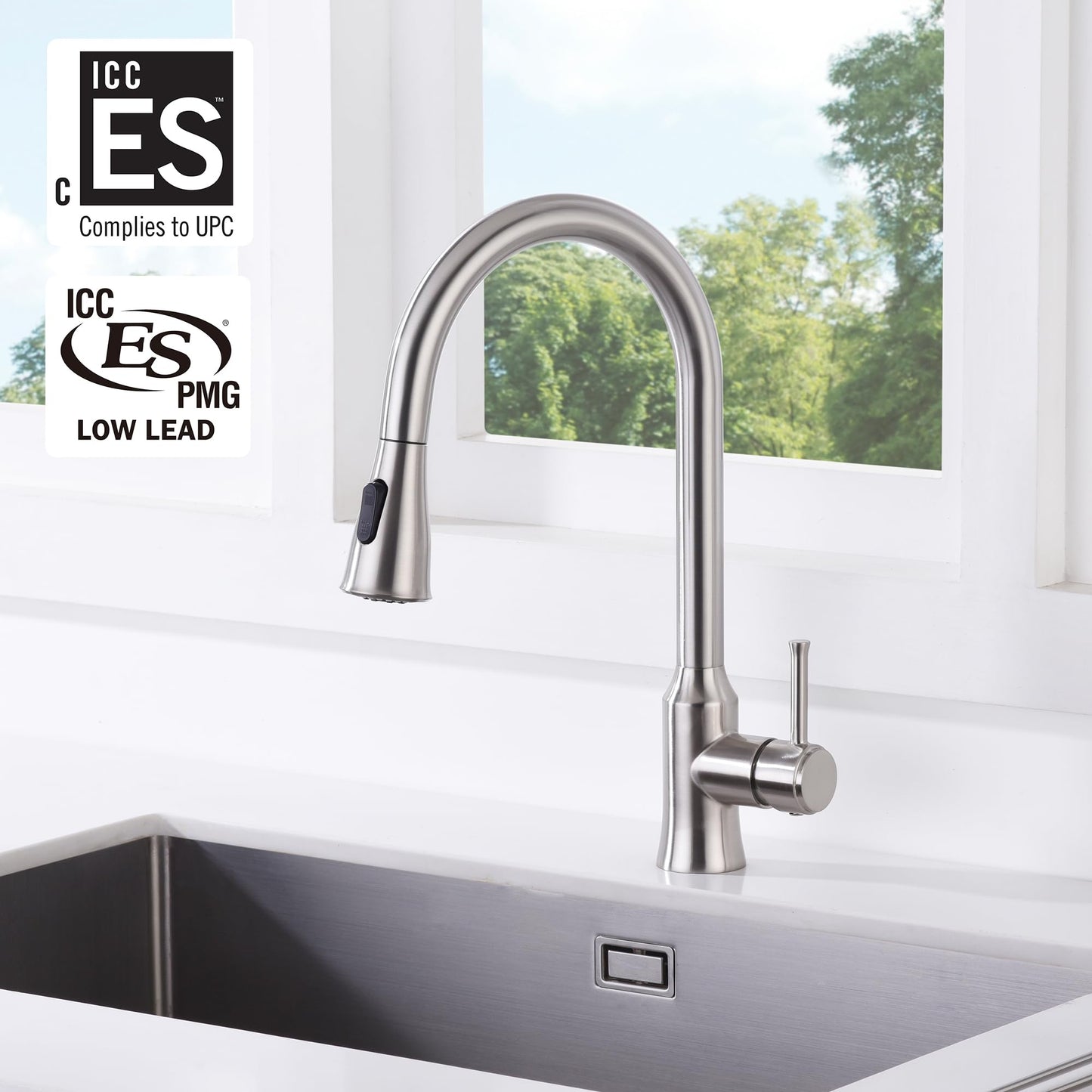 SUMERAIN Kitchen Faucet with Pull Down Sprayer Brushed Nickel, Dual Function Lead-Free Stainless Steel Sink Faucet