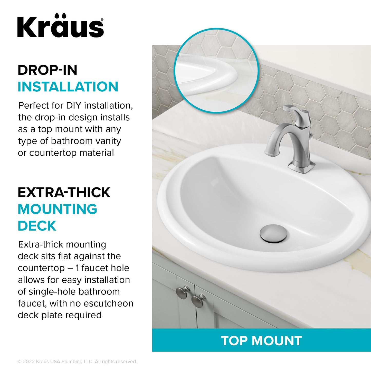 KRAUS Elavo 20.5 in. Oval Porcelain Ceramic Self-Rimming Drop In Bathroom Sink in White with Overflow Drain, KCT-100