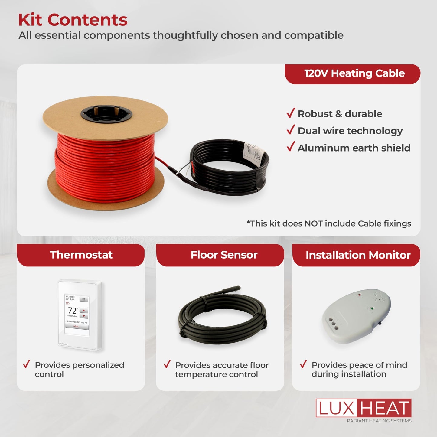 LuxHeat 150sqft Floor Heating Cable Kit - 120v Under Tile Floor Heater Kit - Heated Flooring System Includes UWG4 WiFi Programmable Thermostat w/GFCI, Heating Cable, Alarm & Flooring Sensor