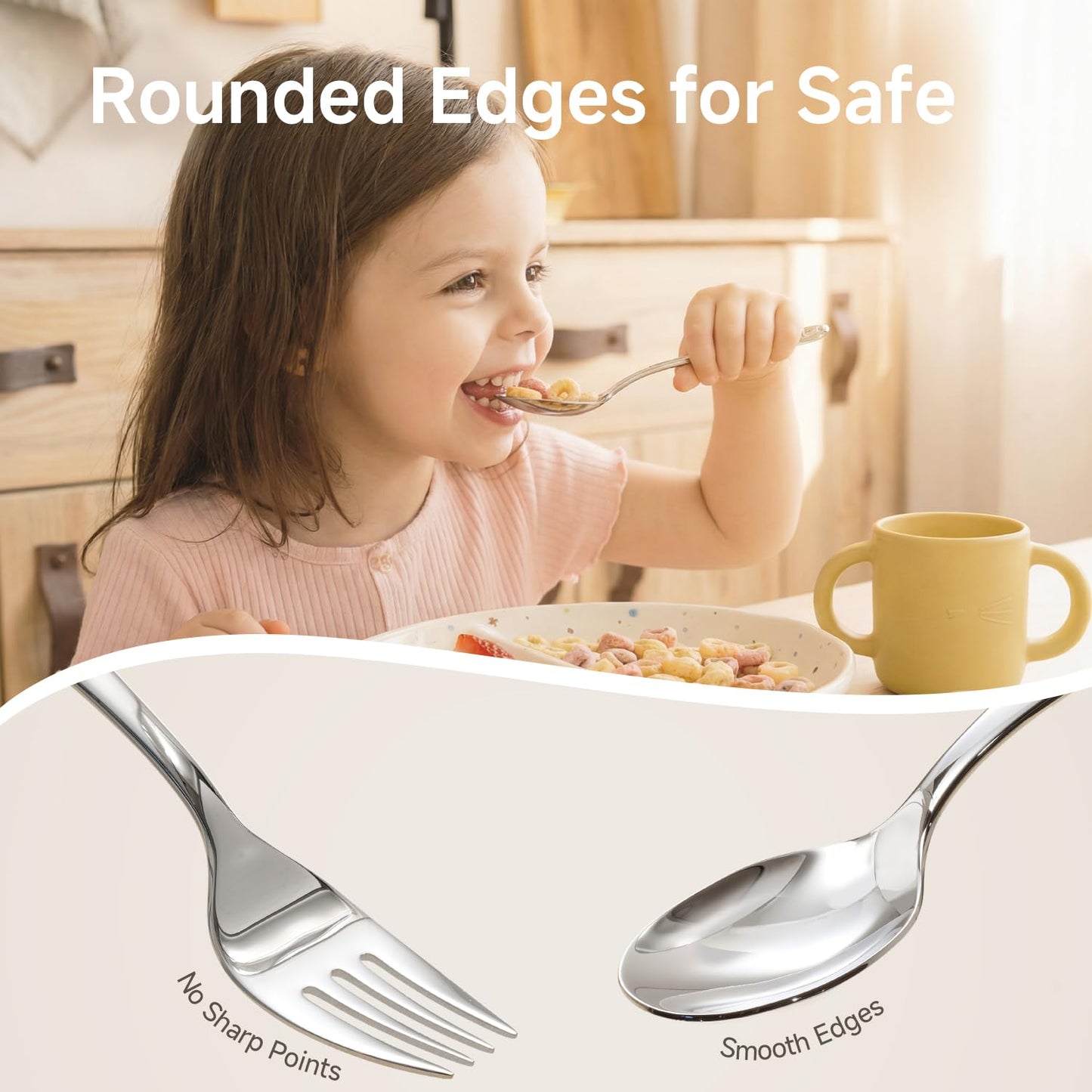 KINGSTONE Toddler Utensils Gift Set, 4-Piece Forks & Spoons, Small & Large, 18/10 Stainless Steel, Cat & Dog Print, Ergonomic Flatware for Toddlers & Kids, Self-Feeding, Children Shower Gift