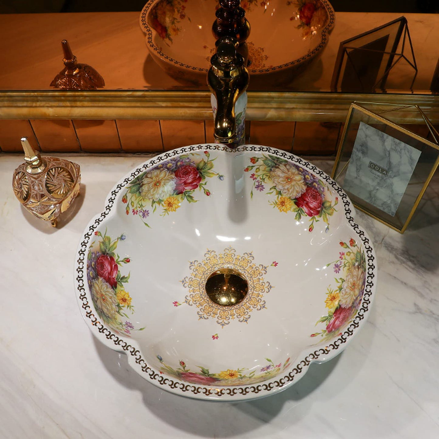 White Ceramic Bathroom Vessel Sinks with American Style Peony Flower Pattern Washing Sink for Vanity Top Bowl