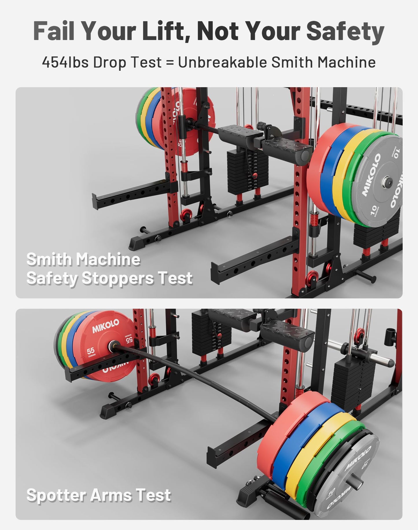 Mikolo Smith Machine with Weight Stack, 2200lbs Squat Rack with LAT-Pull Down System & Cable Crossover Machine, Multi-Function Power Cage, Red