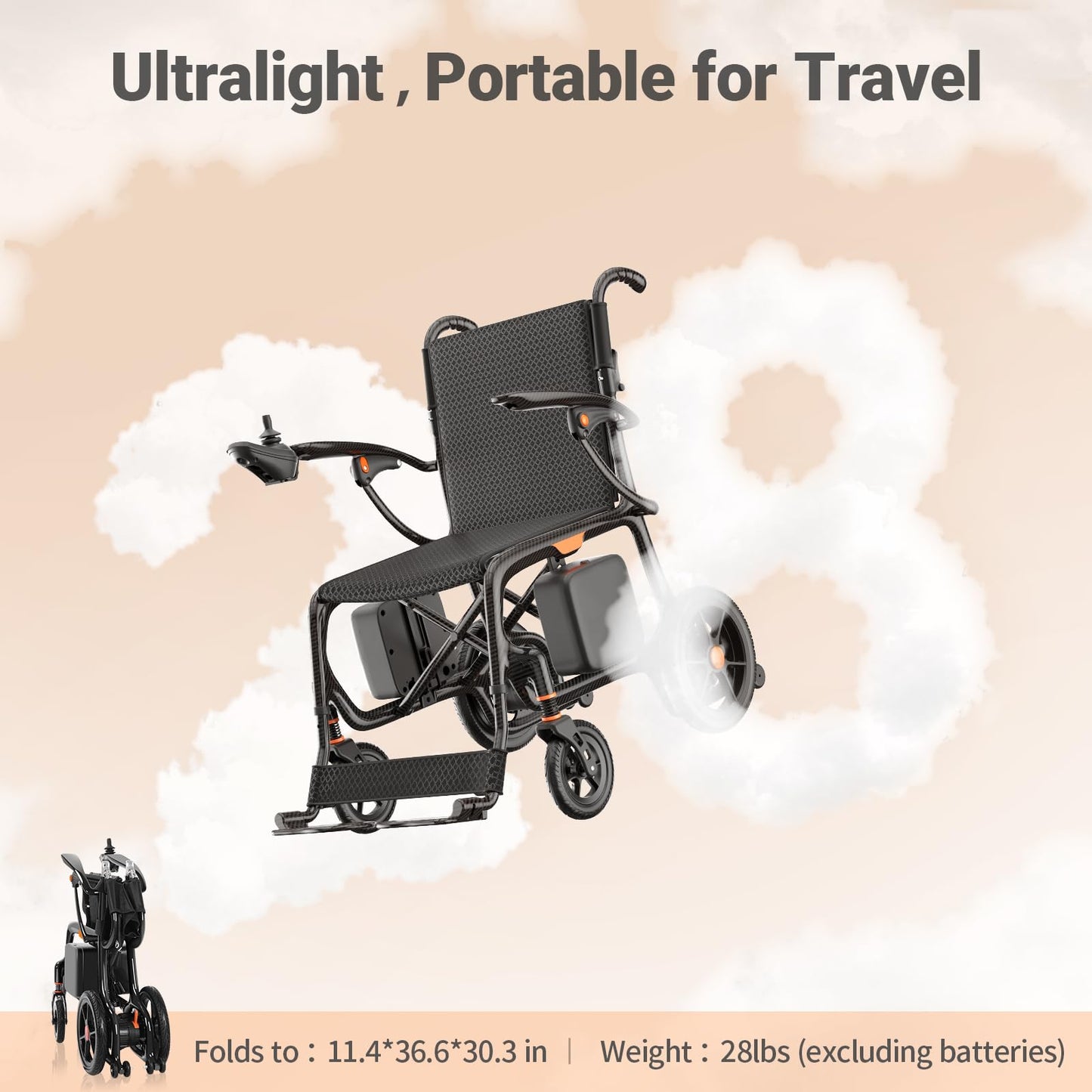 28lbs Ultralight Foldable 100% Carbon Fiber Electric Wheelchairs for Adults, FreeWink Rear Control 28 Miles Long Range Power Wheelchairs with 2 Lithium Batteries for All Terrain Airline Approved