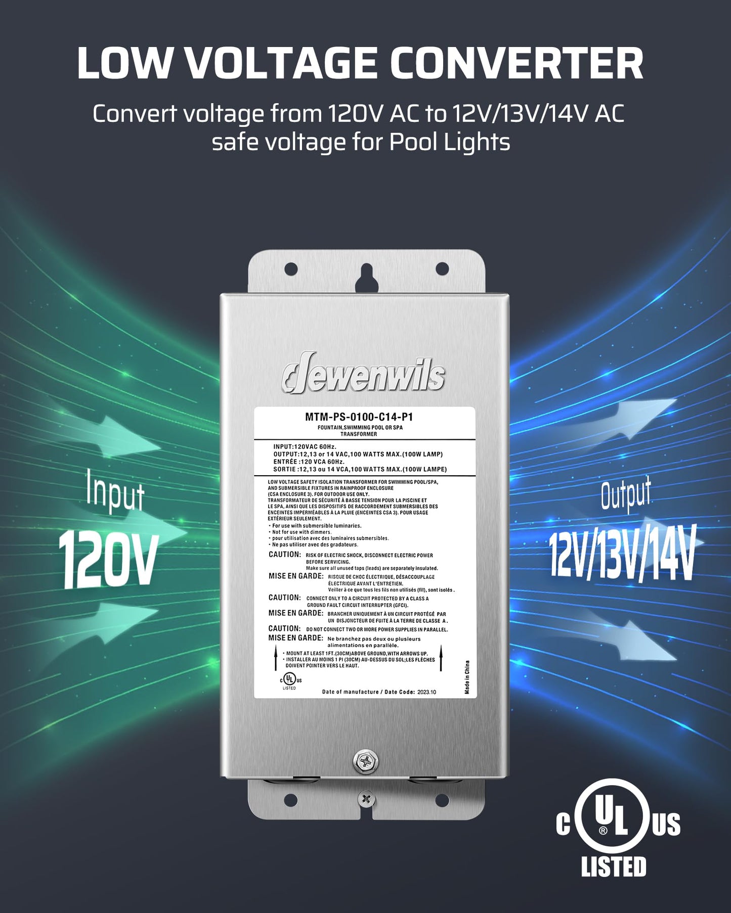 DEWENWILS 100W Low Voltage Pool Light Transformer, 120V AC to 12V/13V/14V AC, Multi-tap Safety Transformer