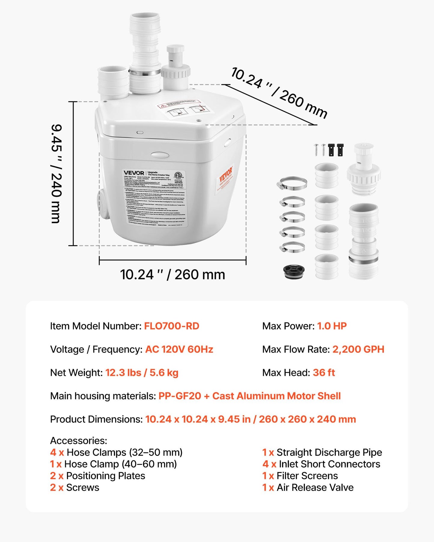 VEVOR Utility Sink Pump, 1 HP, 2200 GPH Under Sink Pump with 3 Water Inlets 1 Outlet, 36 ft Max Lift, Cast Aluminum Motor, Macerating Toilet System, for Sink Shower Wash Bin Urinal Kitchen Basement