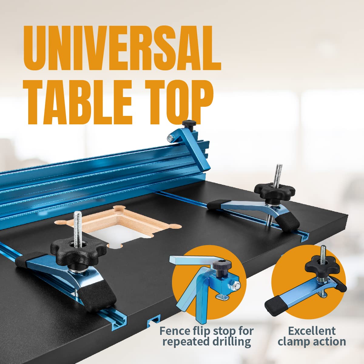 POWERTEC Drill Press Table Accessories Kit w/T Track Drill Press Fence 14"x24",Laser Etched Scale, Clamps, Adjustable Inserts w/Knob, Flip Stops, Table Fence, Fits Tables 12" Above - 71539