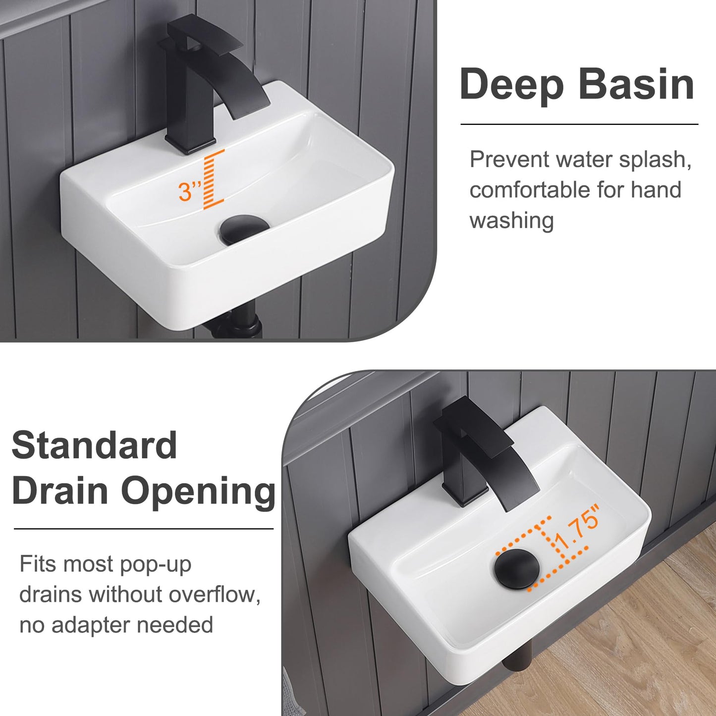 DEHOMEN Compact Wall Mount Bathroom Sink 14-inch Small Rectangular Wall Hung Floating Vessel Basin Classic Lavatory for Tiny Bathroom Vanity,White