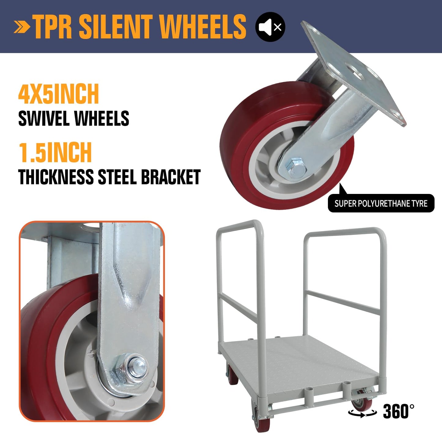 2IN1 Steel Panel Truck Cart, Lumber Cart Drywall Dolly，2500LBS Heavy Duty Flatbed Cart Dolly with 5" Swivel Brake Wheels, 2MM Plate Platform Truck with 1Front and 2Side Handrails