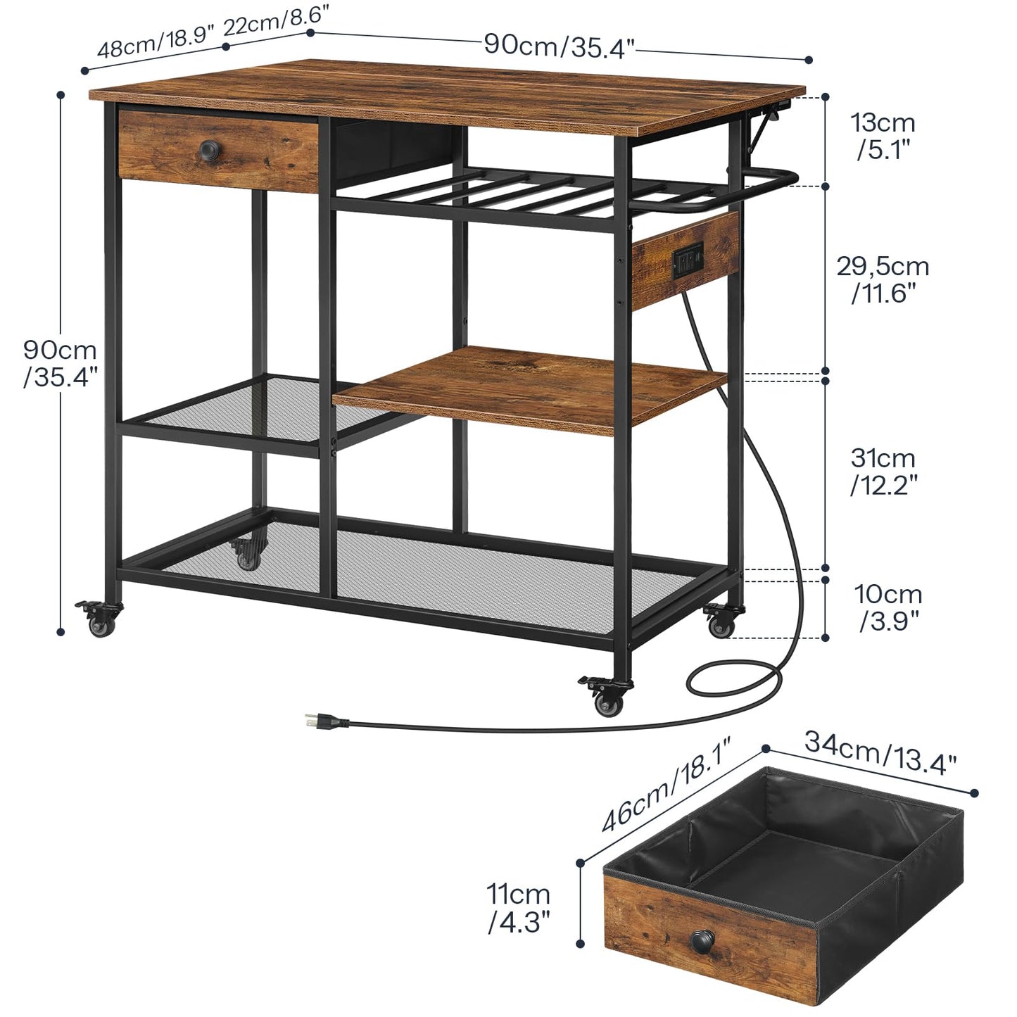 HOOBRO Kitchen Island with Power Outlet, Rolling Kitchen Cart with Drop Leaf, Island Table with Extendable Worktop and Adjustable Shelf, Kitchen Island Cart for Dining Room, Rustic Brown BF22UZD01