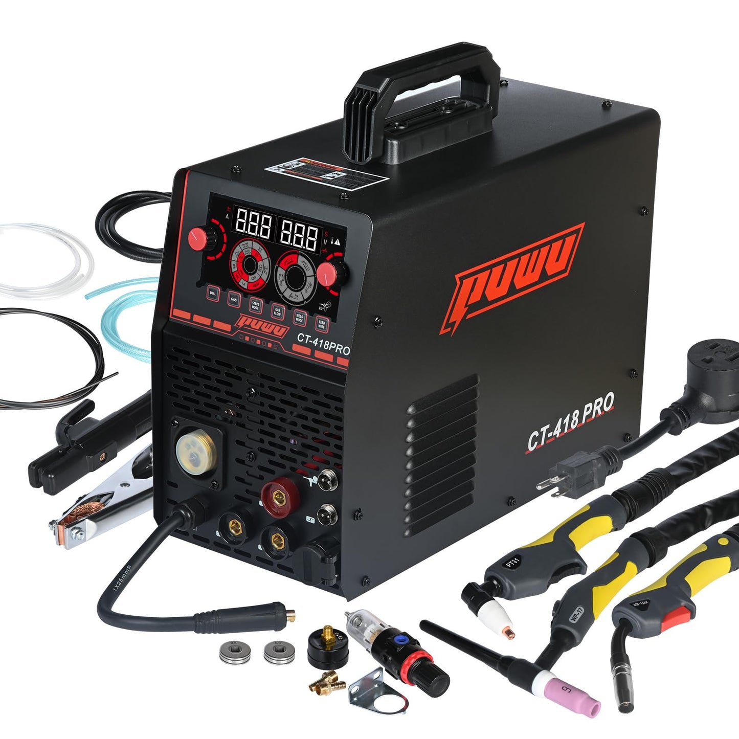 PUWU Plasma Cutter Welder Combo Gas MIG/Gasless MIG/HF TIG/Stick/CUT 5 in 1 Aluminum Welding Machine with 110V/220V Dual Voltage Multi Process Welder