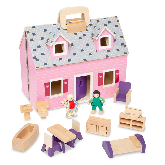 Melissa & Doug Fold & Go Wooden Dollhouse with 2 Dolls and 11 Pieces of Furniture - Portable Mini Doll House with Accessories and Toy Figures, Ages 3+