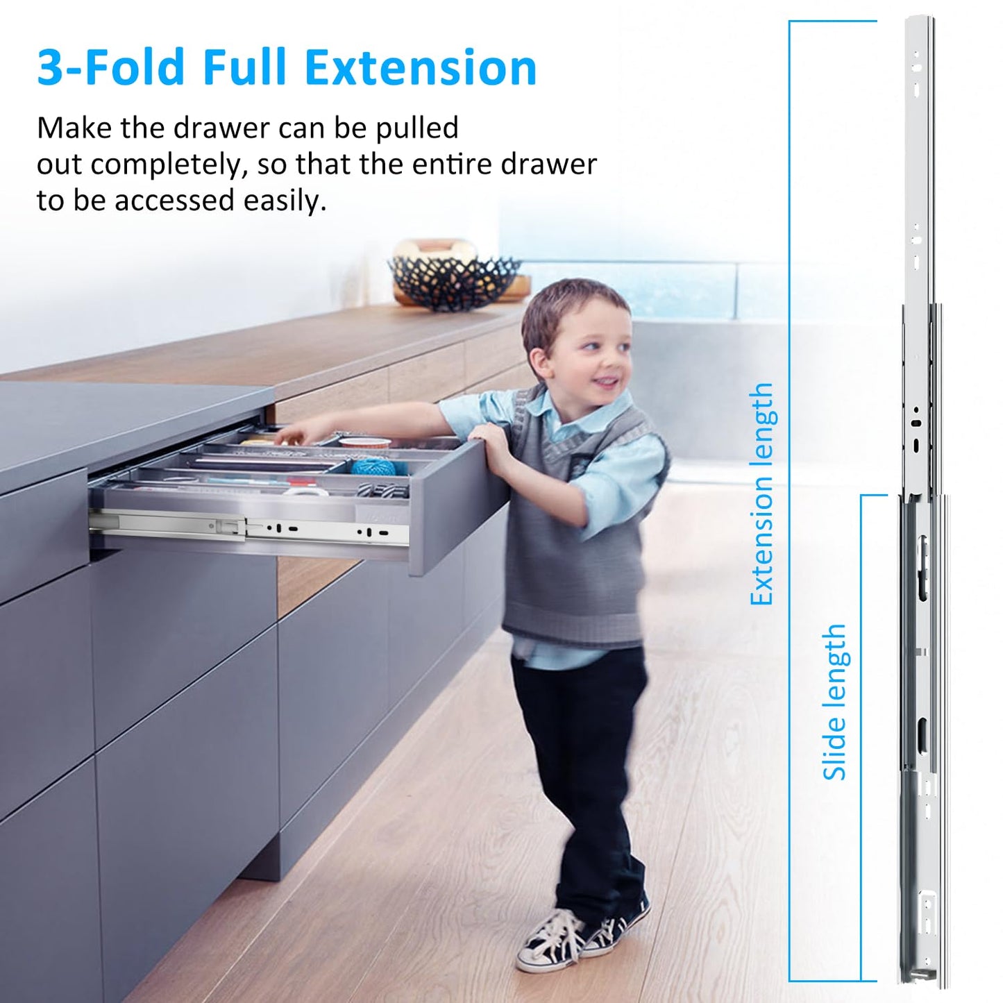 REGUDA Stainless Steel Drawer Slides Ball Bearing 3 Folds Full Extension Side Mount Cabinet Runners Glides Rails Track 100 Lbs Load 10 12 14 16 18 20 22 24 Inch (Silver-Stainless Steel- 1 Pr, 12 inch)