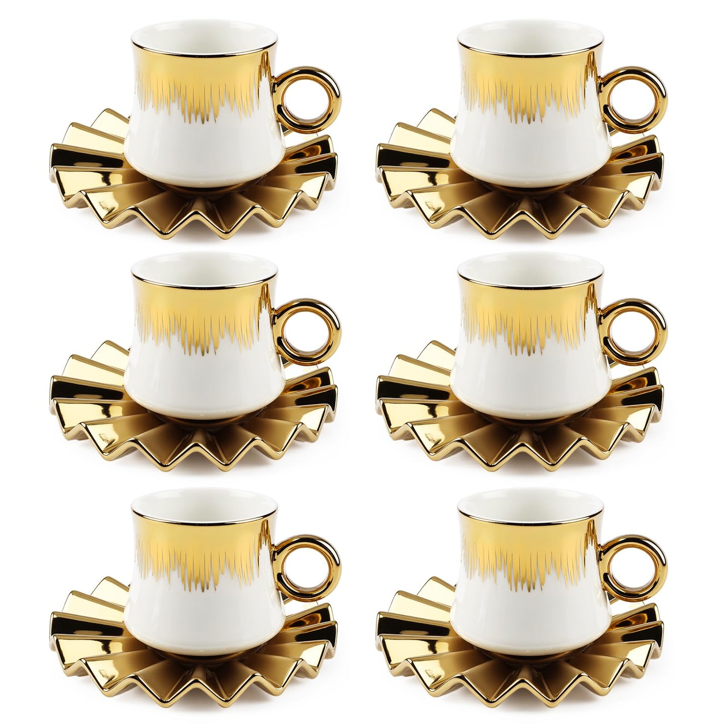 Kytree 3.5oz Ceramic Turkish Coffee Cup Set of 6, Porcelain Espresso Cups and Saucers British Italian Cappuccino Cups with Gold Trim for Double Espresso Cappuccino Latte Mocha Tea (White)