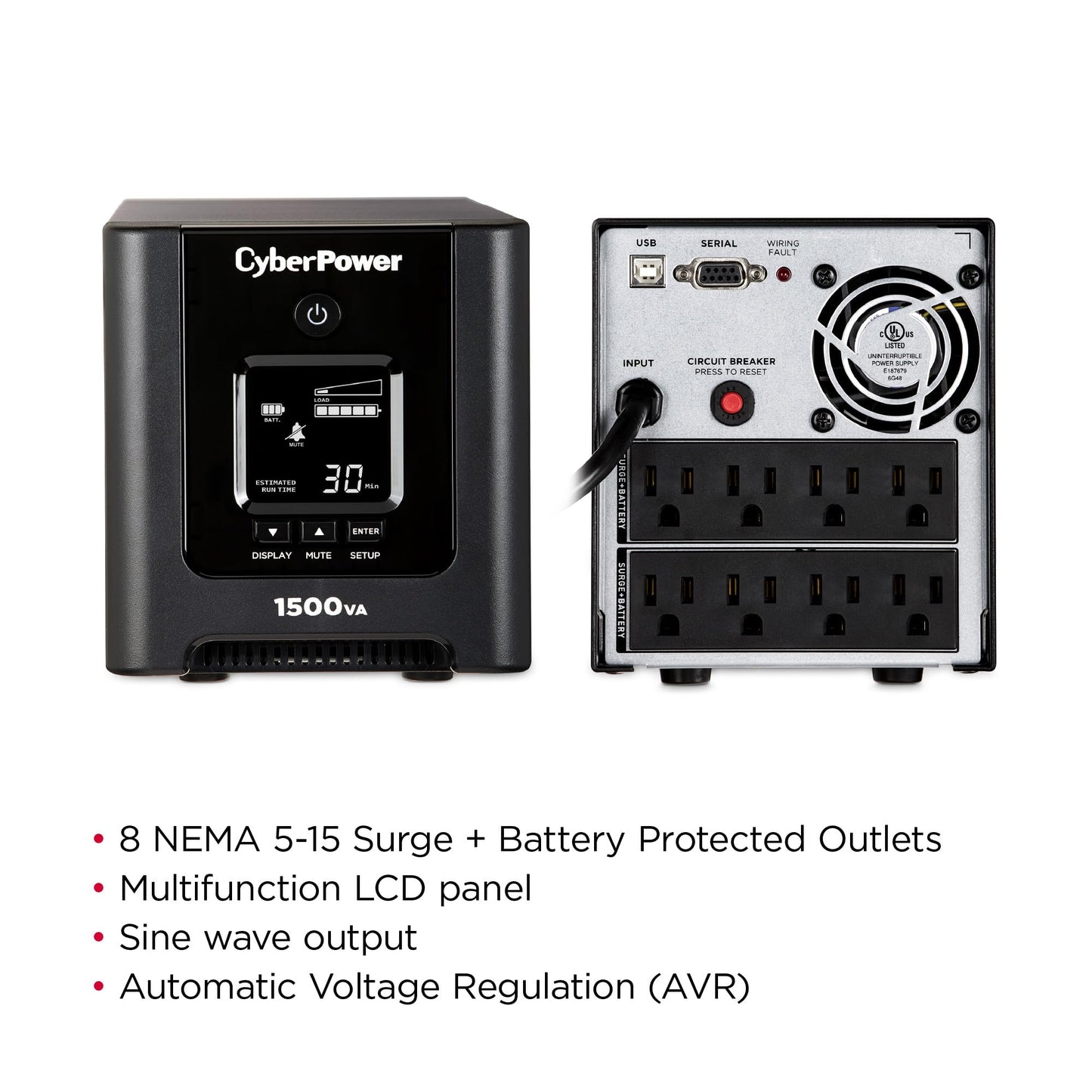 CyberPower OR1500PFCLCD PFC Sinewave UPS System, 1500VA/1050W, 8 Outlets, AVR, Mini-Tower
