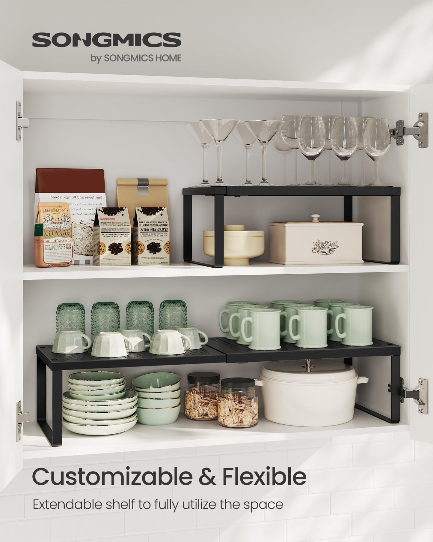 SONGMICS Spice Racks, Set of 2 Expandable Kitchen Countertop Shelves, Small Cupboard Organizers, Metal, Space-Saving Tabletop Shelves, Matte Black UKCS402B01