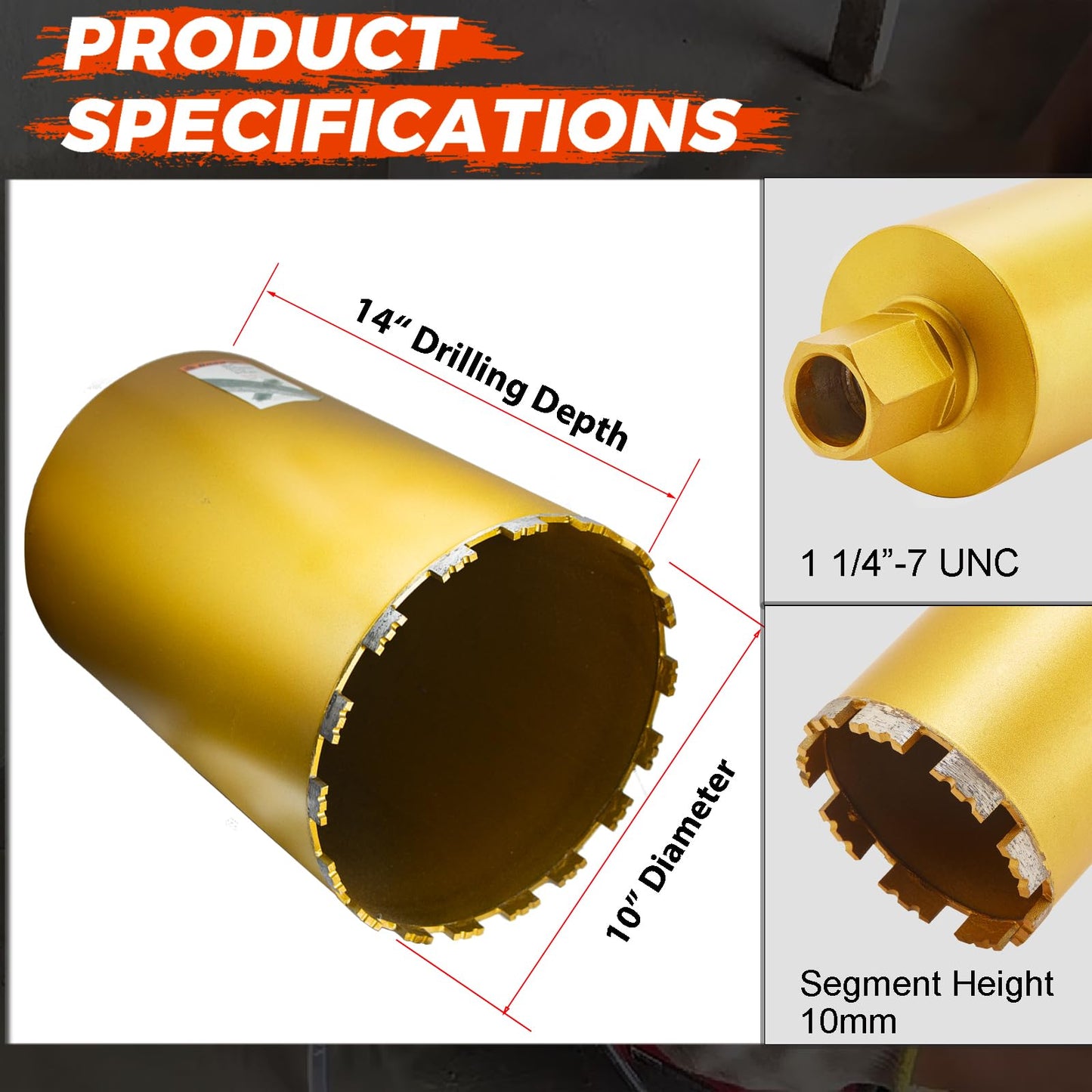 DaduoRi 10 Inch Wet Core Drill Bit, 10" Diameter x 14" Depth, 1-1/4"-7 Thread Diamond Core Bits for Concrete with Rebar, Masonry, Brick Block,Cement, Stucco, Stone (254mm)