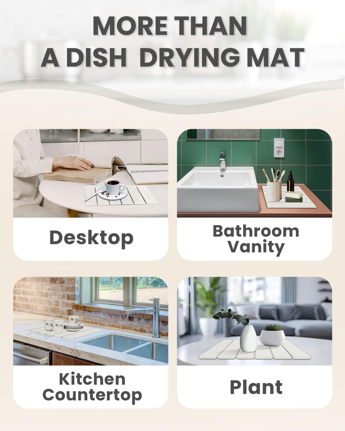 WBahatii Stone Drying Mat for Kitchen Counter, 16"×12" Heat-resistant Mat, Collapsible and Super Absorbent Dish Drying Stone Mat, Diatomaceous Earth Mats for Dishes Bottles Cups, White