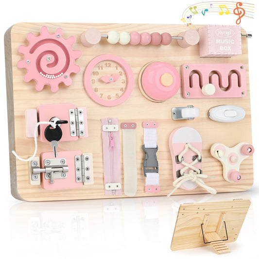 Joyreal Large Wooden Busy Board for Toddlers with Foldable Stand, 15-in-1 Montessori Sensory Toys Activity Learning Board with Music Box, Educational Gift for 1 2 3 Year Old Boys Girls