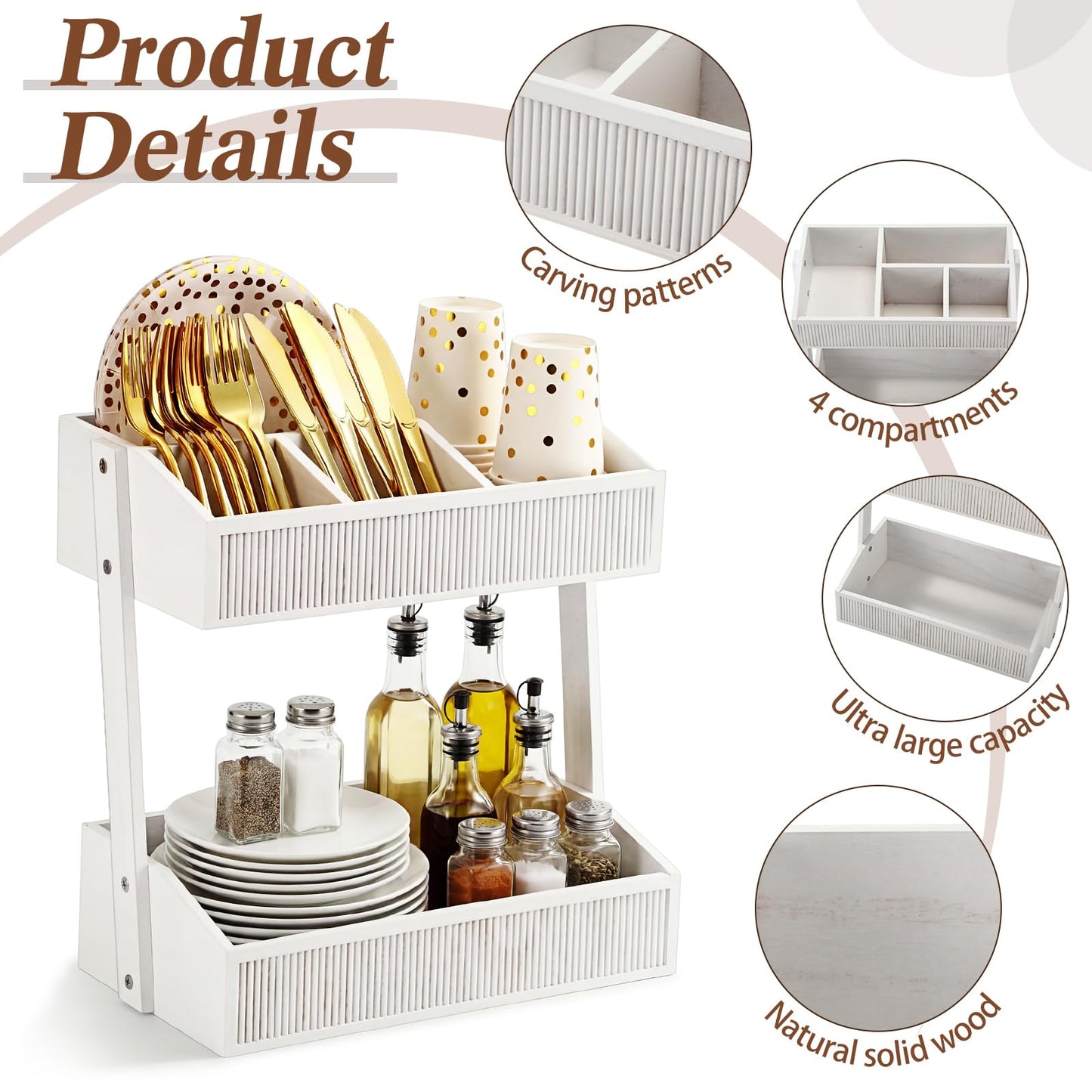Novabright 2 Tier Paper Plate Dispenser for Kitchen Counter, Paper Plate Organizer, Rustic Wooden Utensil Holder for Party Countertop Cutlery Flatware Storage Rack for Napkin Cup Spoon Fork(White)