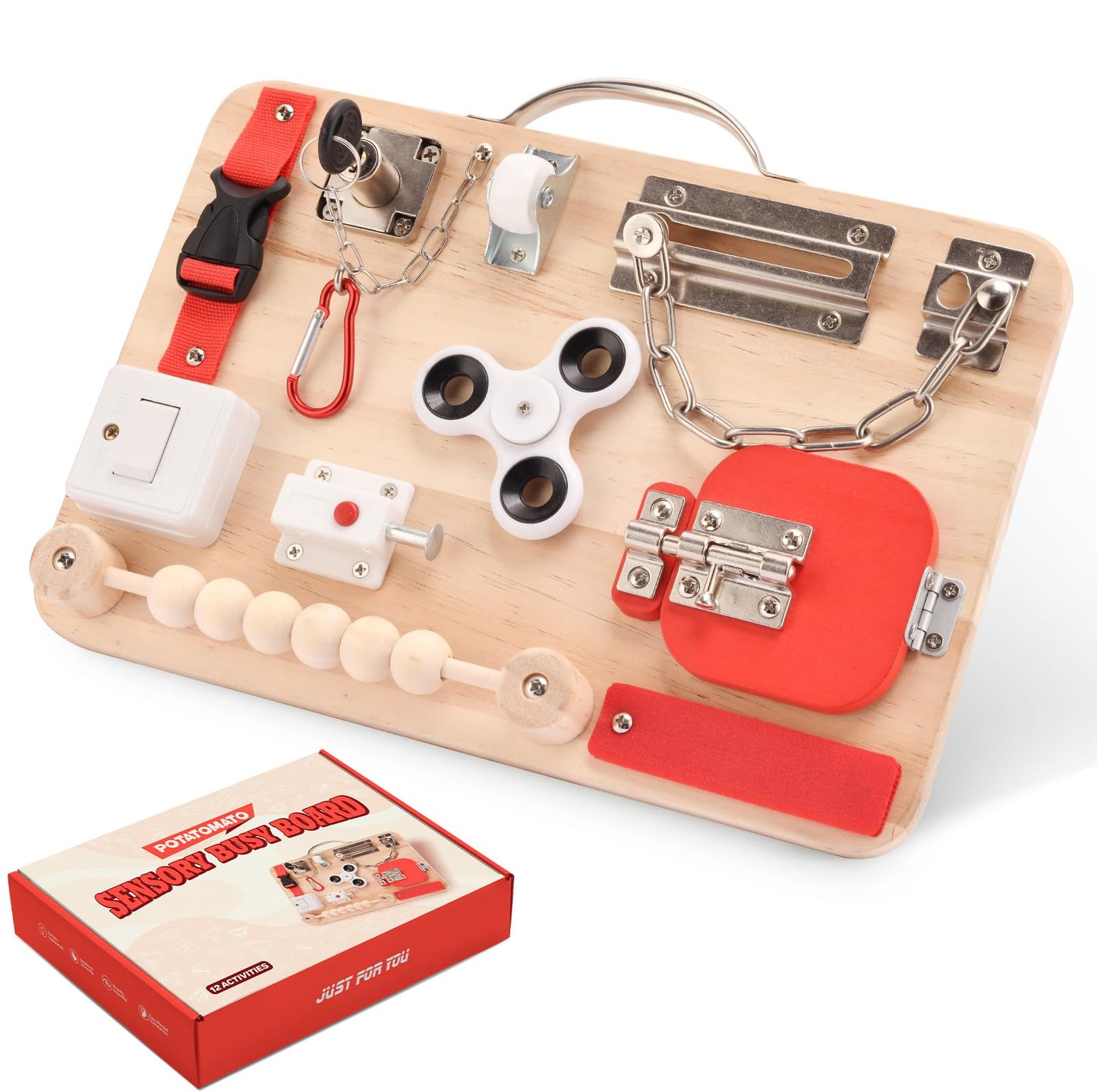 Potatomato Montessori Busy Board for Toddlers - Wooden Educational Fidget Toys - Autism Sensory Products - Activity Board for Kids Baby Boys Girls, ADHD- Fine Motor Kids Travel Toys