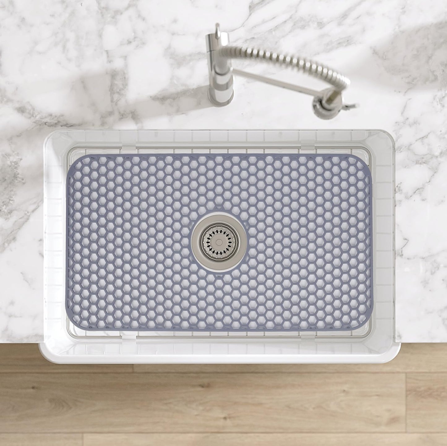 Bestjing Silicone Sink Mat - Protectors for Kitchen Sink with Center Drain, 26"x 14" Kitchen Grid Accessory, Non-Slip Heat-Resistant Mat for Bottom of Farmhouse Porcelain Stainless Steel (Center Hole)