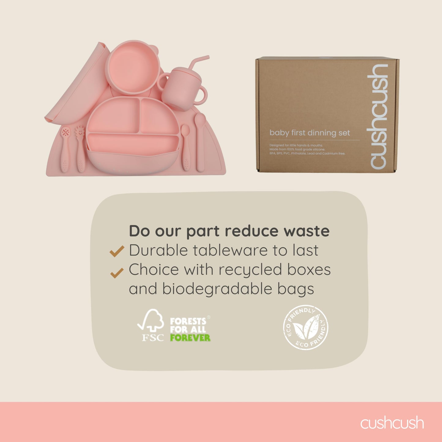 Cushcush Silicone Baby Feeding Set, Baby Led Weaning Supplies, First Stage Solid Food eating Utensils, Divided Suction Plate, Bowl, Bibs, Sippy Cup, Placemat - 6+ months Newborn Gift (Blush Pink)
