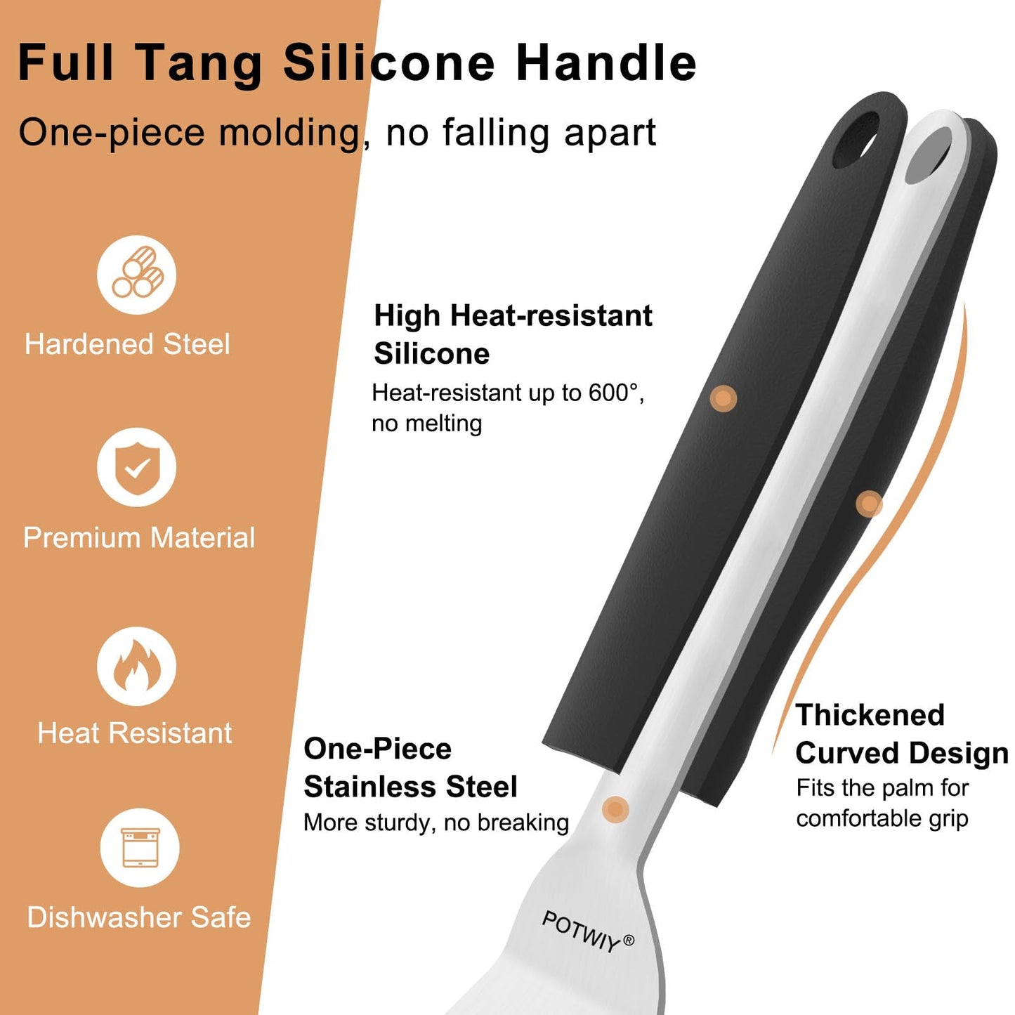 POTWIY Fish Spatula Stainless Steel, 11.3" Slotted Fish Turner with Silicone Handle, Small Metal Spatula for Cast Iron Skillet, Kitchen Cooking Flipper for Egg, Burger, Pancake