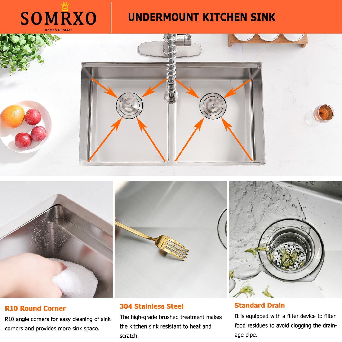 SOMRXO 32 Inch Double Bowl Kitchen Sink Undermount - 32x19 Undermount Workstation Sink 16 Gauge Stainless Steel 10 Inch Deep Double Bowl Kitchen Sinks
