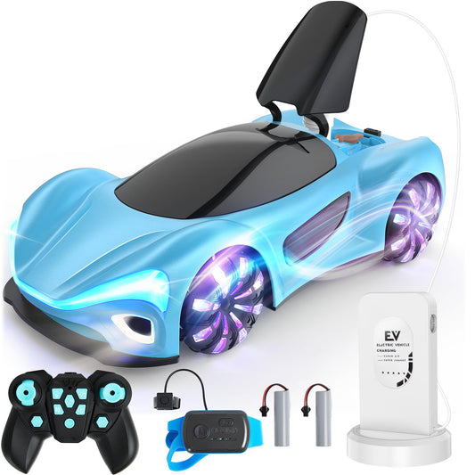 SIMREX Gesture Sensing Remote Control Car with Charging Dock - 360° Rotate Drift RC Stunt Car Toy, 40 Min Playtime, Dual Control, Spray Mist & LED Lights, Birthday Gift for Kids Boys Girls（Blue）