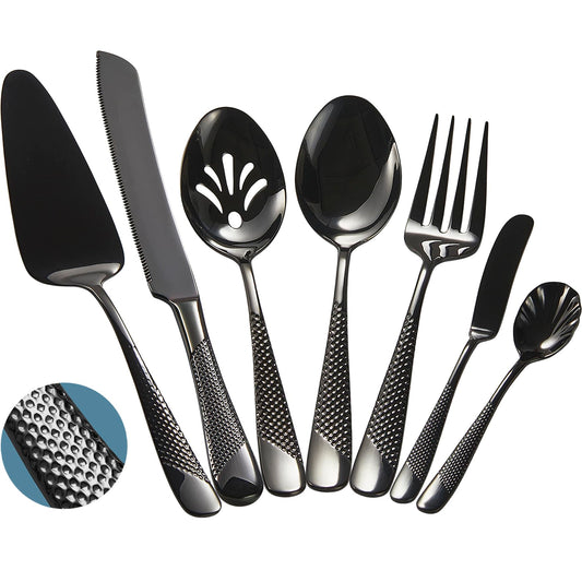 Xideman® 7-Piece Hammered 18/10 Stainless Steel Silverware Serving Utensil Set - Hostess Flatware with Cake Knife & Cake Server (Black)