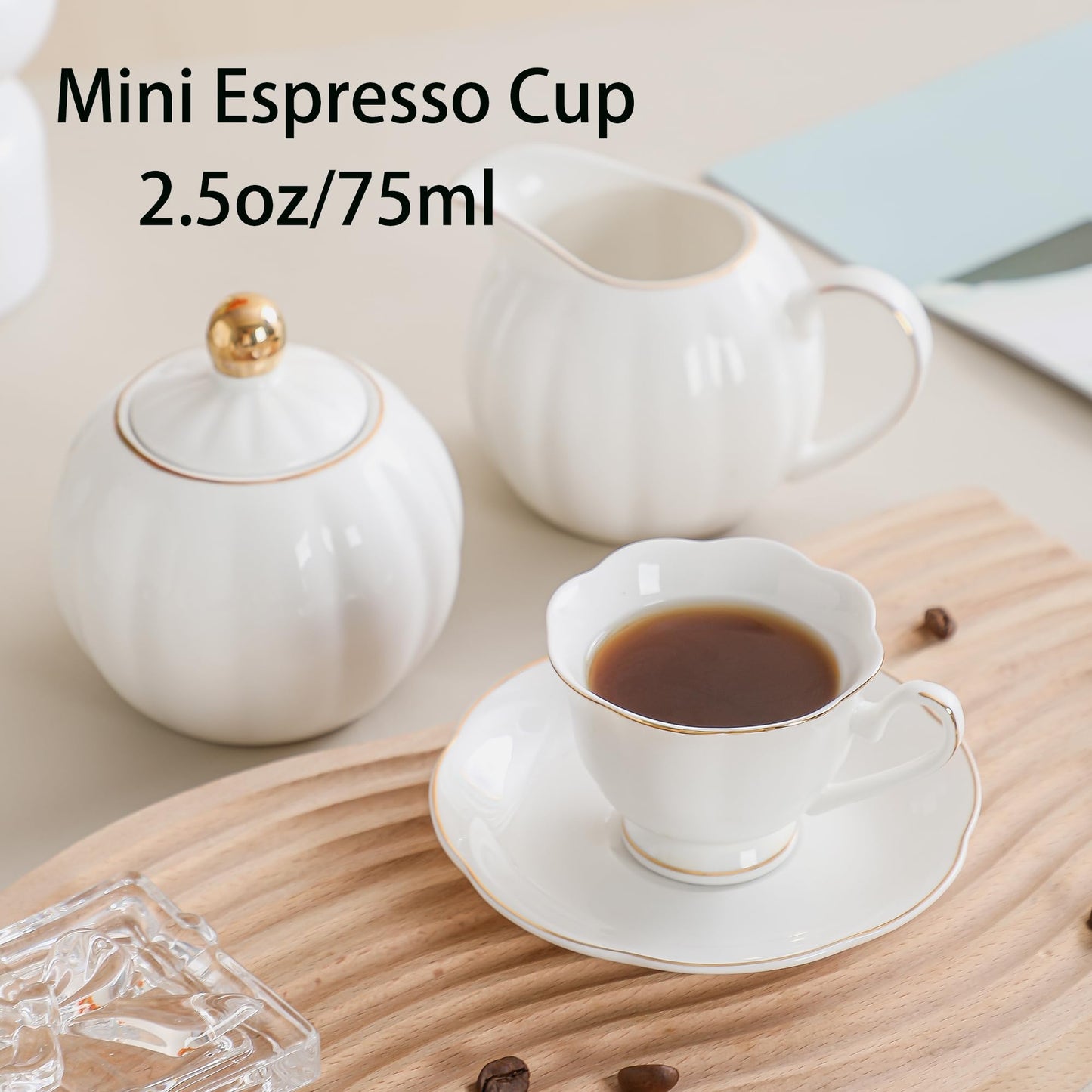 PRECITIME White Porcelain 75ml Demitasse Set of 8 (16-Piece) - 2.5oz Espresso Cups & Saucers, Elegant White & Gold Trim Coffee Set for Turkish Coffee, After Dinner, Gift Giving