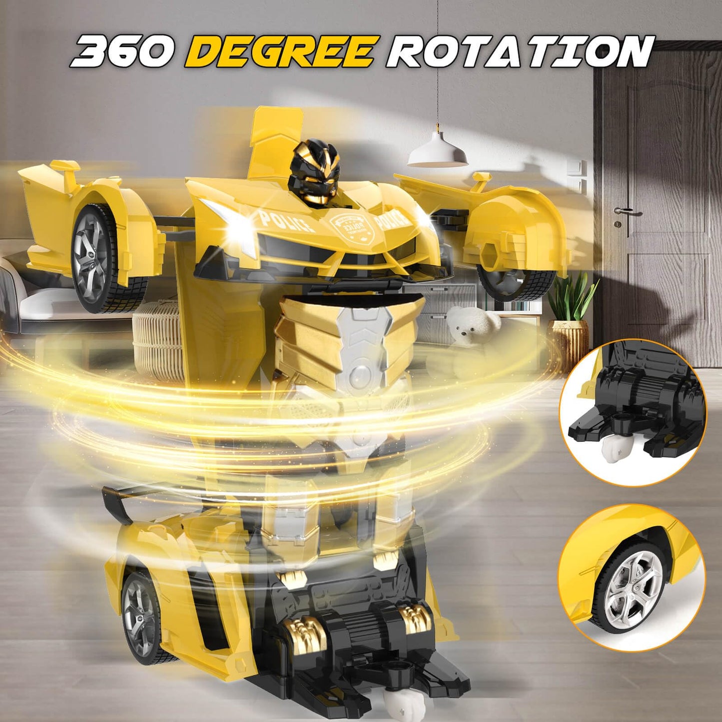 Britik Transform Remote Control Car - Rc Cars, One-Button Transforming, 360° Rotation Drifting, 2.4ghz 1:18 Scale, Gift Kids Aged 4-6 Year Old Boys/Girls, Police Car Yellow