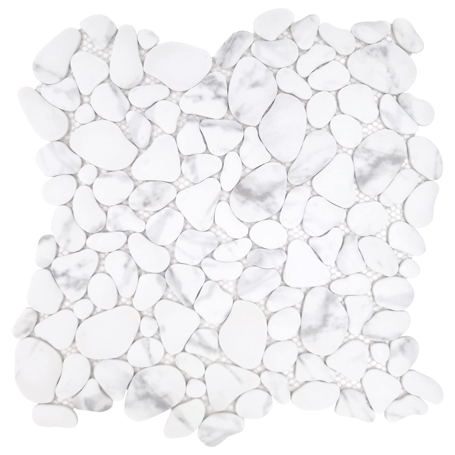 SUNWINGS 10-Sheet Pebble Tile for Shower Floor Border Kitchen Bathroom Backsplash, Carrara White Recycled Glass Marble Stone Looks Wall and Floor Tile, Covers 7.9 Sq. Ft