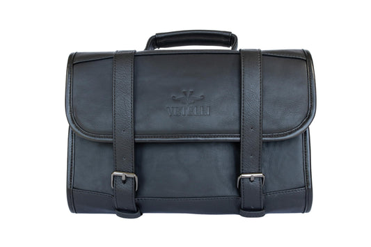 Vetelli Leather Toiletry Bag for Men - Water Resistant, 2 Zippered Internal Pockets, 2 Snap-Fastened Internal Pockets, and Hanging Hook. (Black)