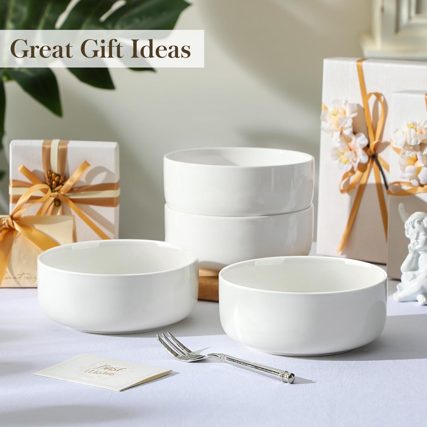 MALACASA 24 OZ Cereal Bowls, 5.8 Inch Soup Bowls Ceramic Bowl Sets of 4, Breakfast Bowls Set for Kitchen, Dishwasher Microwave Oven Safe, White, Series LUNA