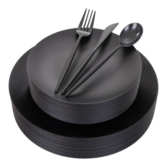 EI 150pcs Black Plastic Plates Frosted Plastic Plate,Premium Heavy Duty Black Plastic Plates,Black Disposable Plates with Plastic Silverware,10.25" Dinner Plates and 7.5" Dessert Plate Wedding Party