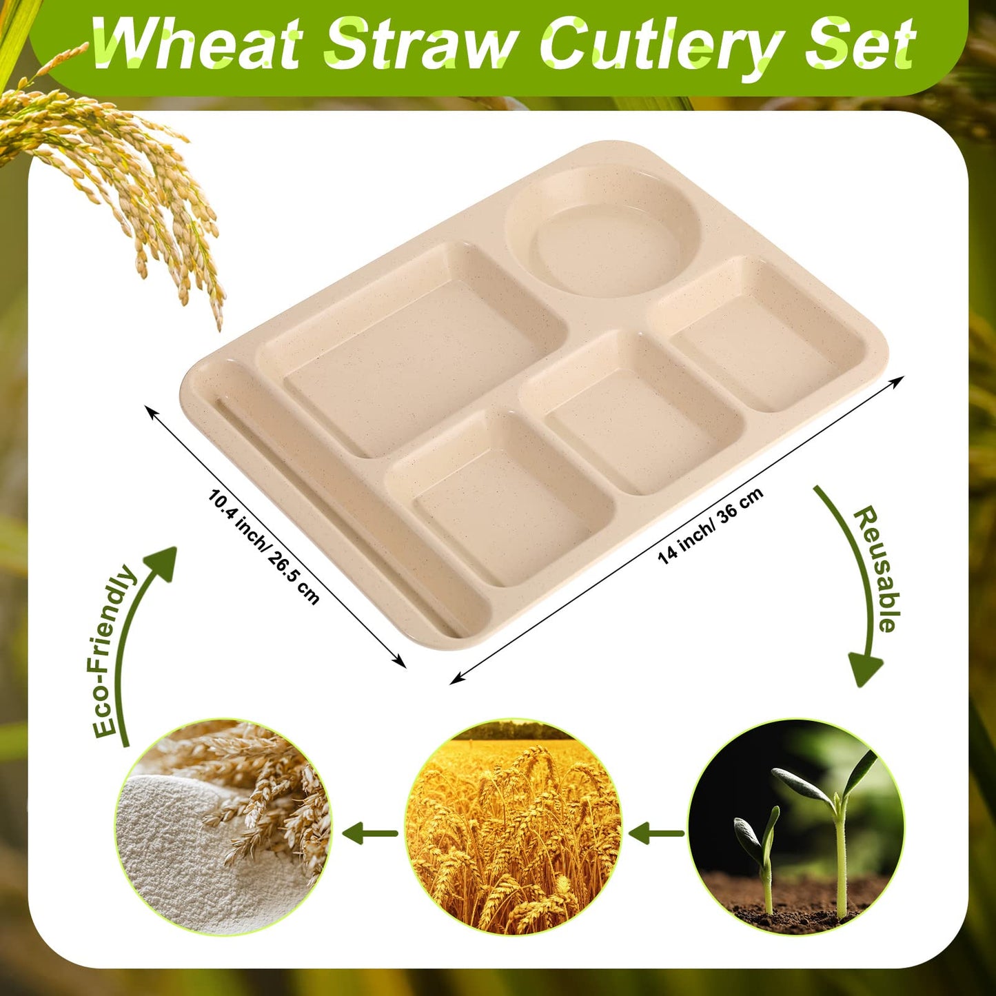 Pinkunn 12 Pcs 14'' Large Divided Plates Unbreakable Wheat Straw Lunch Trays 6 Compartments Cafeteria Trays Microwave Dishwasher Safe Food Separator Plates (Beige, Blue, Green, Pink)
